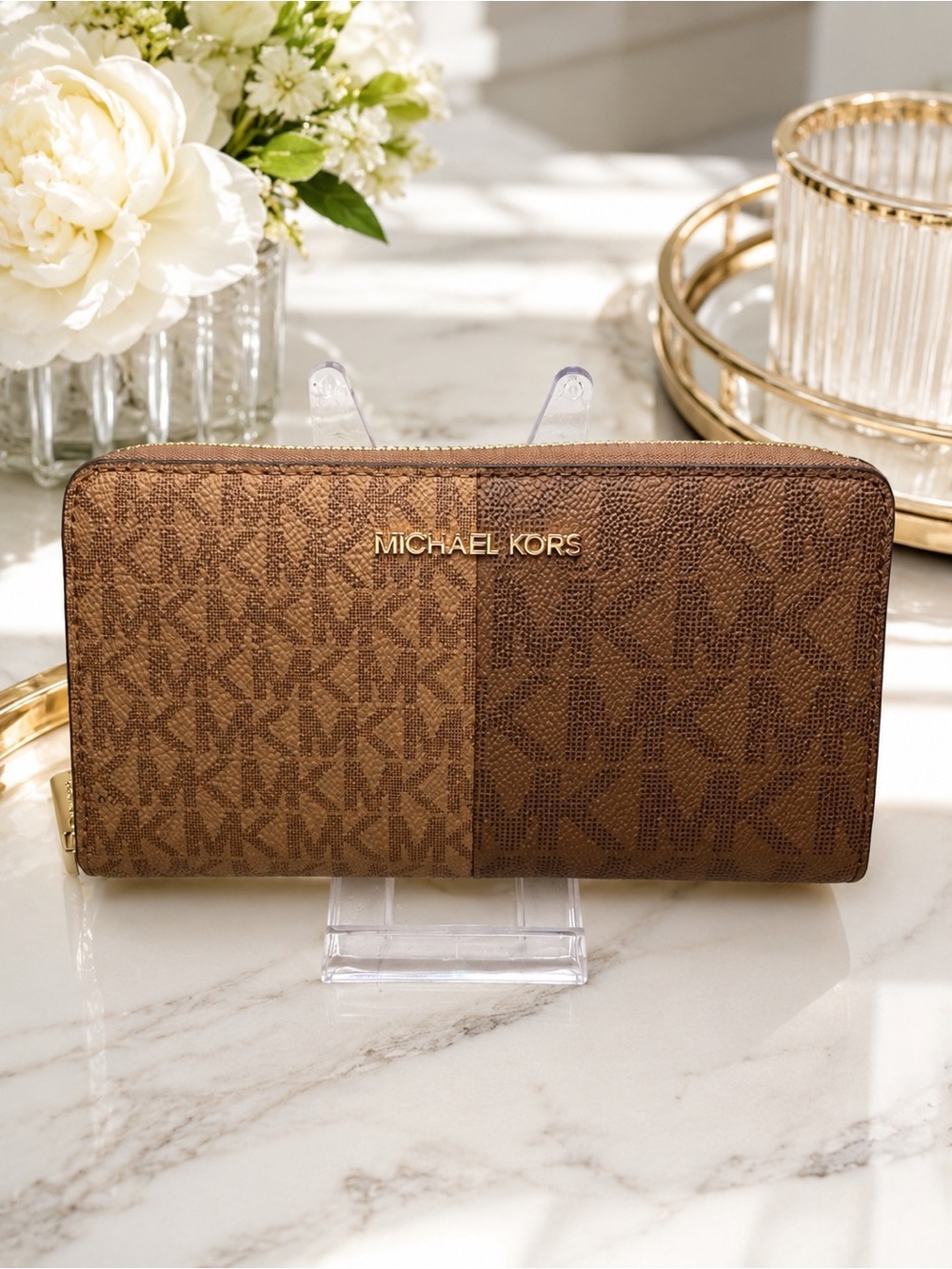 Michael Kors Jet Set Travel Large Zip Around Wallet Brown Two-Tone MK Logo